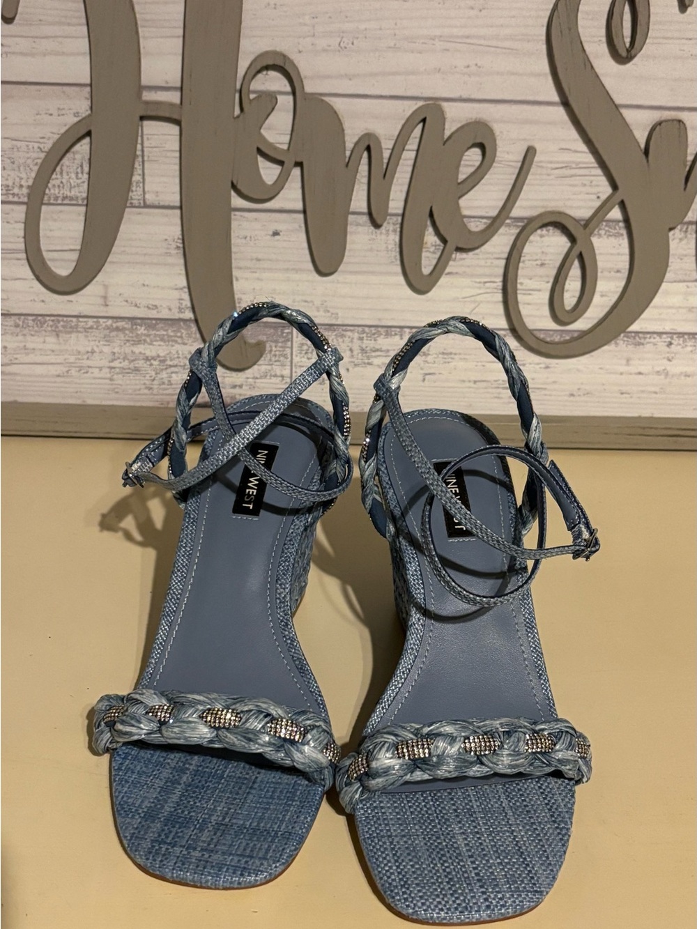 Nine West Denim Blue Braided Ankle-Strap Sandals with Bling - Like new!